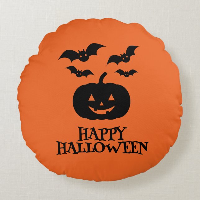 Happy Halloween Pumpkin Bat Minimal Round Pillow (Front)