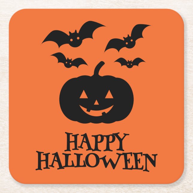 Happy Halloween Pumpkin Bat Minimal Square Paper Coaster (Front)