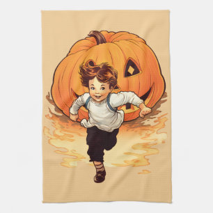 Happy Halloween Pumpkin Chasing Young Boy Kitchen Towel
