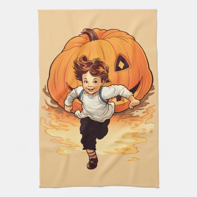 Happy Halloween Pumpkin Chasing Young Boy  Kitchen Towel (Vertical)