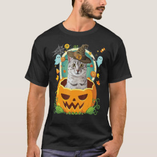 Happy Halloween Pumpkin Egyptian Mau Cat Witch Cut T-Shirt