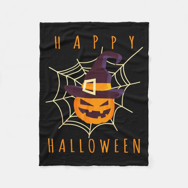 Happy halloween pumpkin face jack o lantern cobweb fleece blanket (Front)