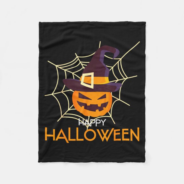 Happy halloween pumpkin face jack o lantern cobweb fleece blanket (Front)