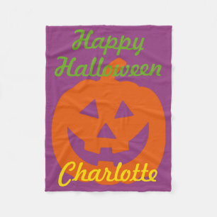 Happy Halloween Pumpkin on Purple Personalized Fleece Blanket