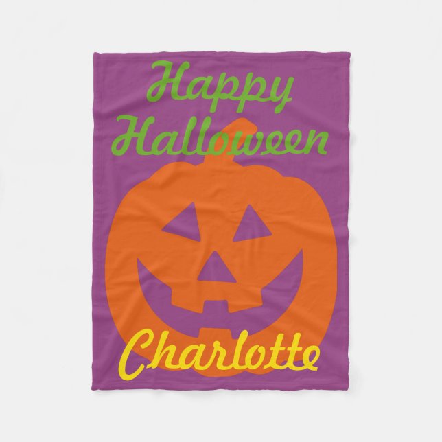 Happy Halloween Pumpkin on Purple Personalized Fleece Blanket (Front)