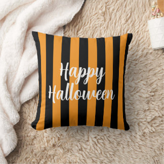 Happy Halloween Pumpkin Orange Black Striped Throw Pillow