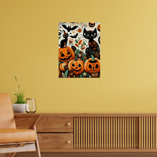 Happy Halloween Pumpkin Patch Black Cat Poster