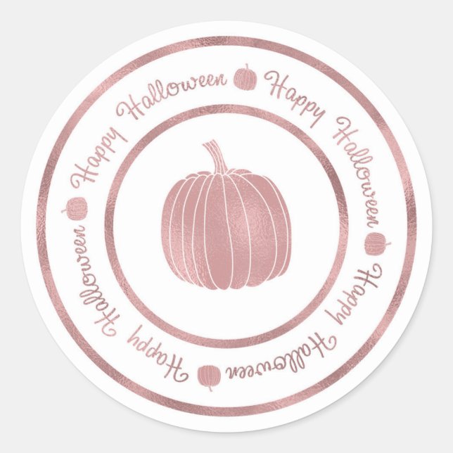 Happy Halloween & Pumpkin Rose Gold Glam Trendy Classic Round Sticker (Front)