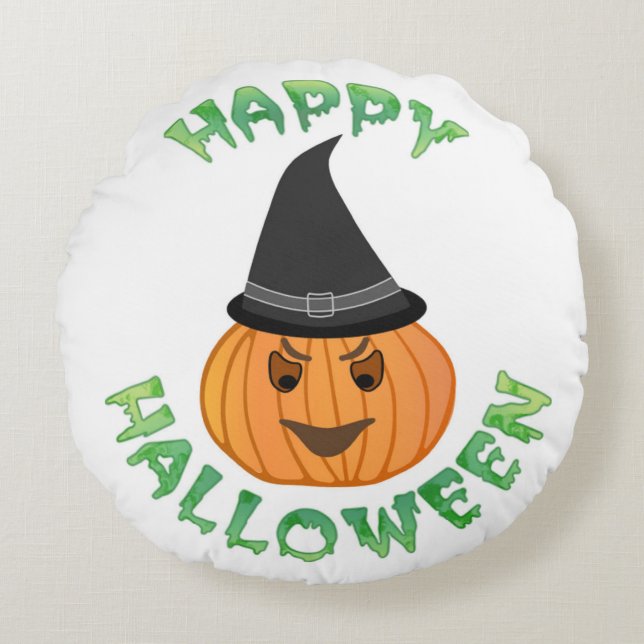 "HAPPY HALLOWEEN" PUMPKIN ROUND PILLOW (Front)