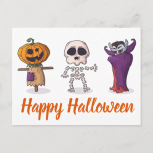 Happy Halloween Pumpkin, Skeleton and Dracula Postcard