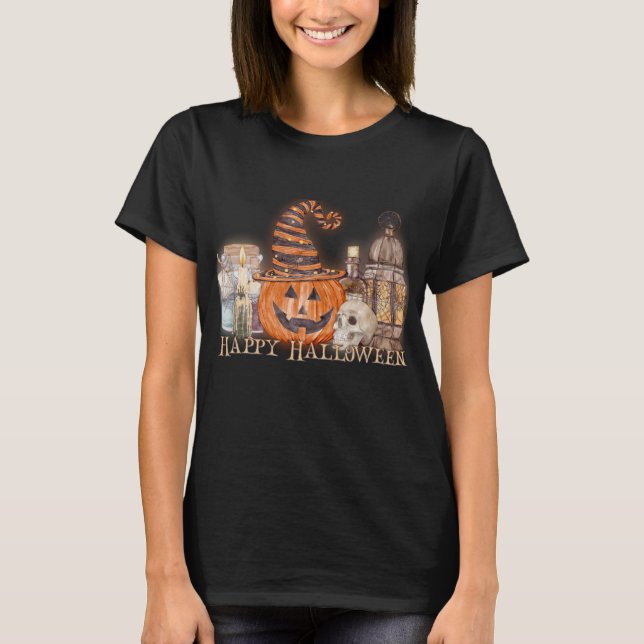 Happy Halloween Pumpkin Watercolor T-Shirt (Front)