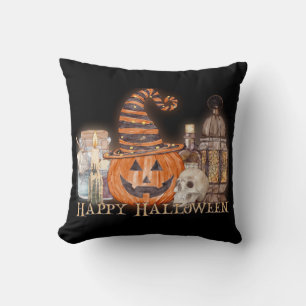 Happy Halloween Pumpkin Watercolor Throw Pillow