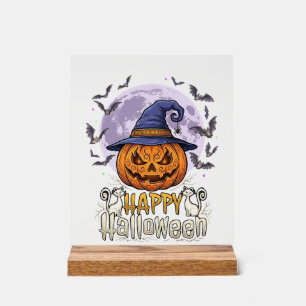 Happy Halloween Pumpkin Witch Hat Bats Full Moon_1 Acrylic Sign