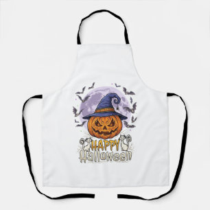 Happy Halloween Pumpkin Witch Hat Bats Full Moon_1 Apron