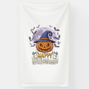 Happy Halloween Pumpkin Witch Hat Bats Full Moon_1 Banner