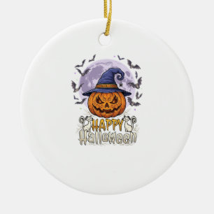 Happy Halloween Pumpkin Witch Hat Bats Full Moon_1 Ceramic Ornament