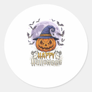 Happy Halloween Pumpkin Witch Hat Bats Full Moon_1 Classic Round Sticker