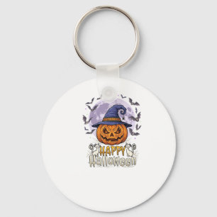 Happy Halloween Pumpkin Witch Hat Bats Full Moon_1 Keychain