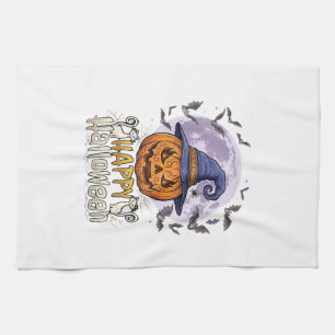 Happy Halloween Pumpkin Witch Hat Bats Full Moon_1 Kitchen Towel