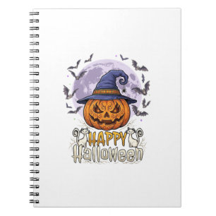 Happy Halloween Pumpkin Witch Hat Bats Full Moon_1 Notebook