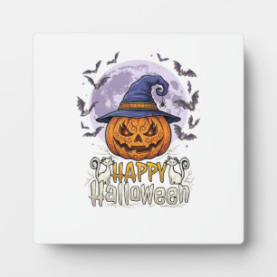 Happy Halloween Pumpkin Witch Hat Bats Full Moon_1 Plaque