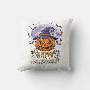 Happy Halloween Pumpkin Witch Hat Bats Full Moon_1 Throw Pillow