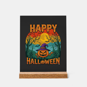 Happy Halloween Pumpkin Witch Hat Full Moon Bats Acrylic Sign