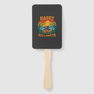 Happy Halloween Pumpkin Witch Hat Full Moon Bats Hand Fan
