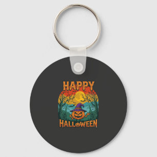 Happy Halloween Pumpkin Witch Hat Full Moon Bats Keychain