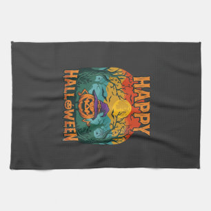 Happy Halloween Pumpkin Witch Hat Full Moon Bats Kitchen Towel