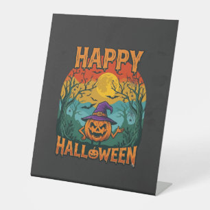 Happy Halloween Pumpkin Witch Hat Full Moon Bats Pedestal Sign