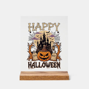 Happy Halloween Pumpkin Witch Hat Haunted Castle M Acrylic Sign
