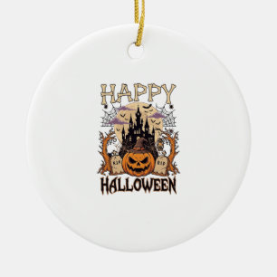 Happy Halloween Pumpkin Witch Hat Haunted Castle M Ceramic Ornament