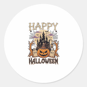 Happy Halloween Pumpkin Witch Hat Haunted Castle M Classic Round Sticker