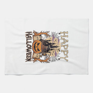 Happy Halloween Pumpkin Witch Hat Haunted Castle M Kitchen Towel
