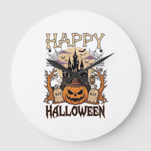 Happy Halloween Pumpkin Witch Hat Haunted Castle M Large Clock