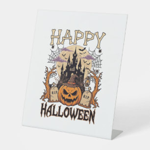 Happy Halloween Pumpkin Witch Hat Haunted Castle M Pedestal Sign