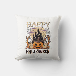 Happy Halloween Pumpkin Witch Hat Haunted Castle M Throw Pillow