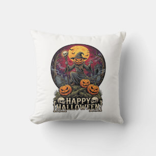 Happy Halloween Pumpkin Wizard Graveyard Full Moon Throw Pillow
