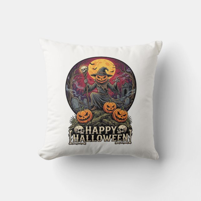 Happy Halloween Pumpkin Wizard Graveyard Full Moon Throw Pillow (Front)