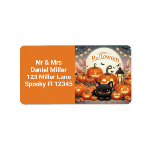 Happy Halloween Pumpkins and a Black Cat Label