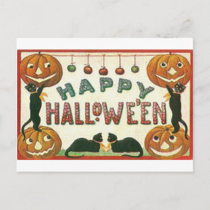 Happy Halloween Pumpkins and Cats Postcard
