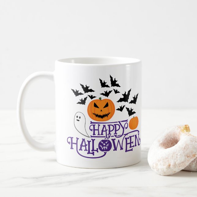Happy Halloween pumpkins ghost bats purple text Coffee Mug (With Donut)