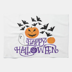 Happy Halloween pumpkins ghost bats purple text Kitchen Towel