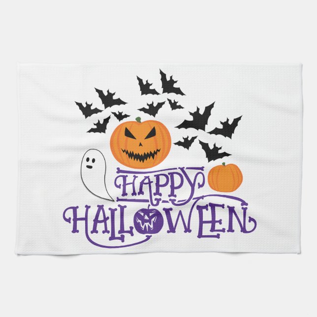Happy Halloween pumpkins ghost bats purple text Kitchen Towel (Horizontal)