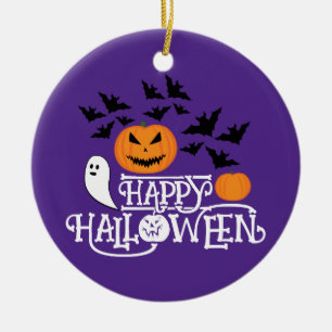 Happy Halloween pumpkins ghost bats text purple Ceramic Ornament