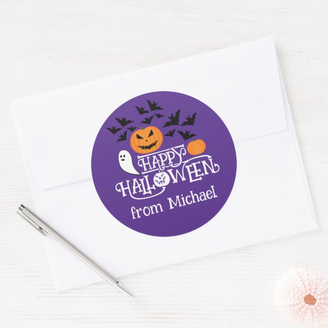 Happy Halloween pumpkins ghost bats text purple Classic Round Sticker (Envelope)