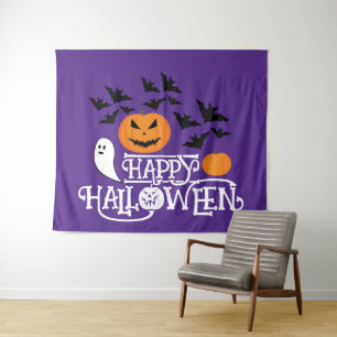 Happy Halloween pumpkins ghost bats text purple  Tapestry