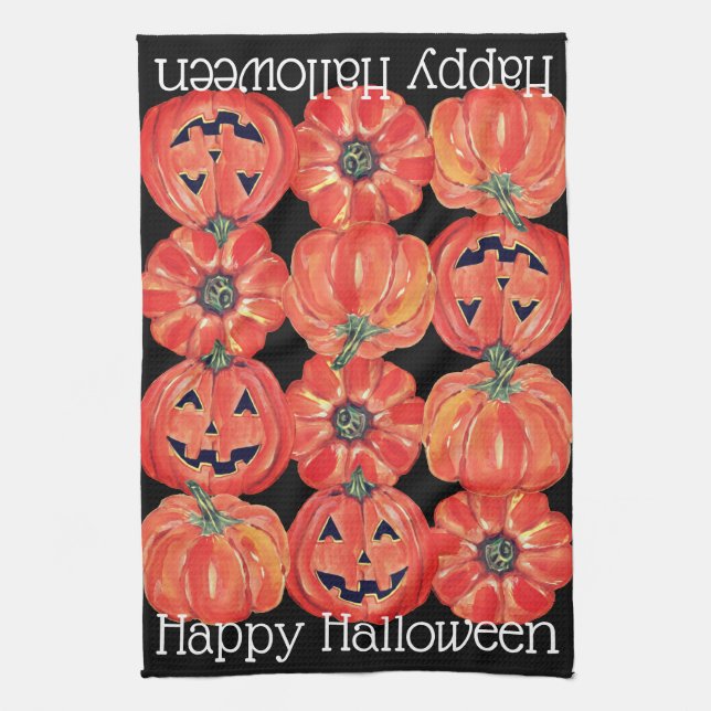 Happy Halloween Pumpkins Orange Black Watercolor Kitchen Towel (Vertical)