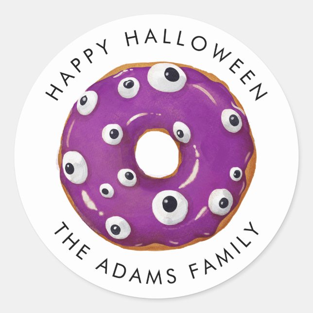 Happy Halloween Purple Gooey Monster Doughnut Classic Round Sticker (Front)